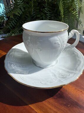Vintage Bernadotte Czech Republic White Porcelain Teacup Saucer Set, Gold Rim